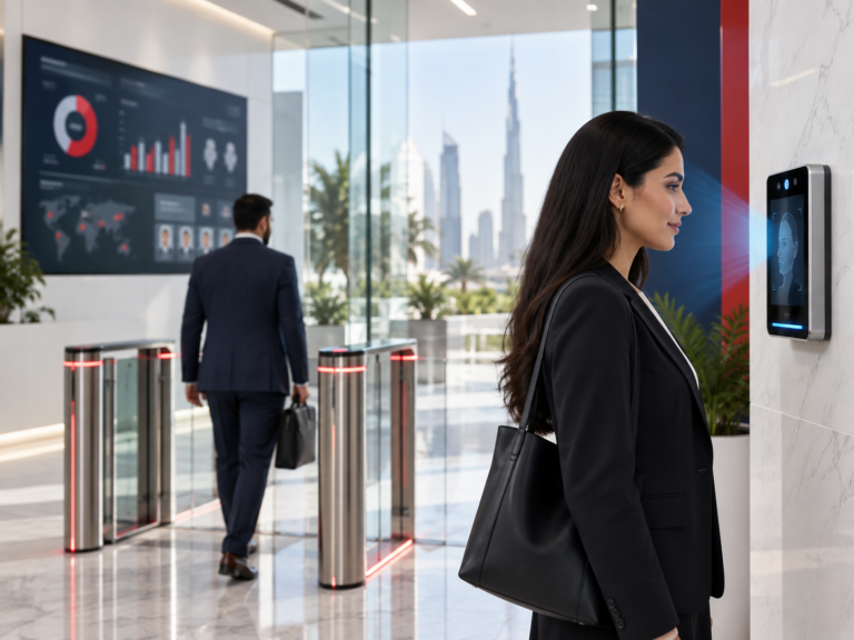 Employee using biometric attendance terminal