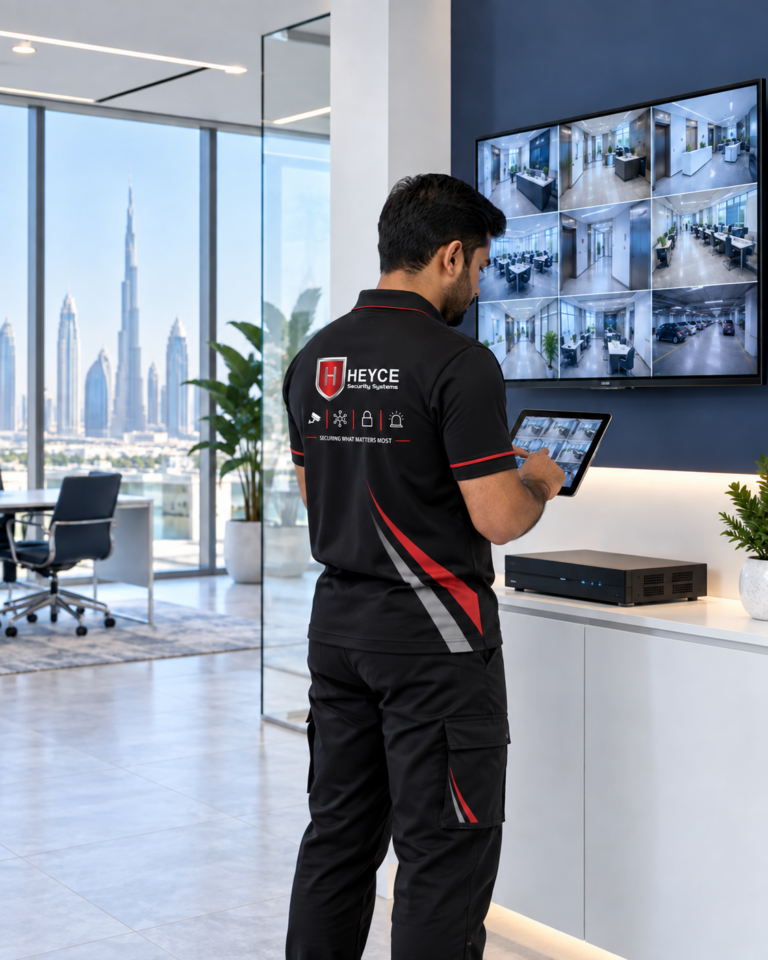 HEYCE technician monitoring CCTV systems in a Dubai office